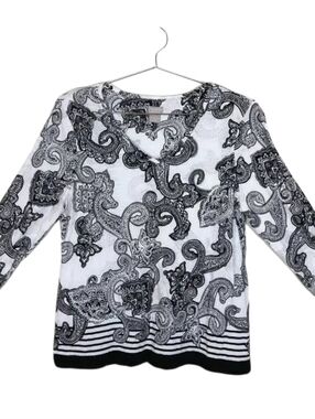 Chico's 3 Zenergy Top Size 16/18  Black White Paisley Roll Tab Sleeves Blouse